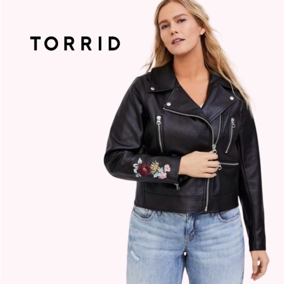 Torrid Sleek Black Leather Jacket with Embroidery on back - Picture 2 of 12